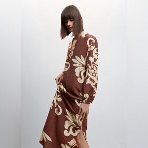 MNG by Mango Cut Out Detail Dress Kaftan Size 4 Baroque Brown Maxi Dress Viscose